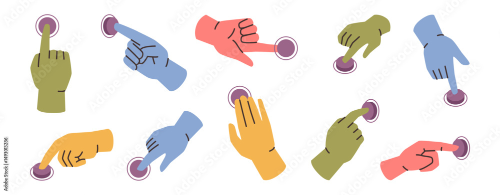Aufkleber Interface application button for mouse. Vector isolated hand selecting or clicking action. UI elements for design, set of colorful arms for users interaction. Tapping or touching touchscreen