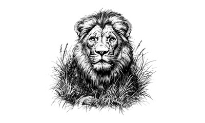 Vintage lion engraving in grass, hand-drawn monochrome wild cat line art, detailed wildlife illustration, rustic animal print, retro safari etching, classic fauna sketch, old engraving style