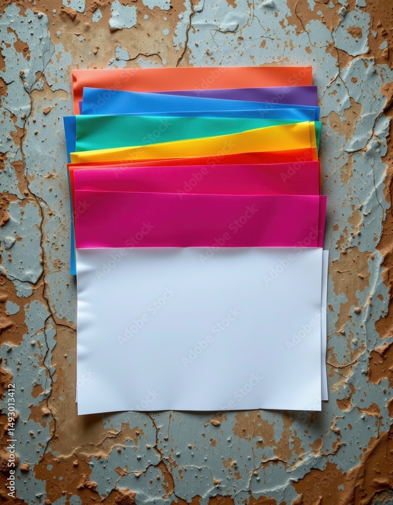 Poster a stack of colorful sheets arranged on a rustic, peeling painted surface.