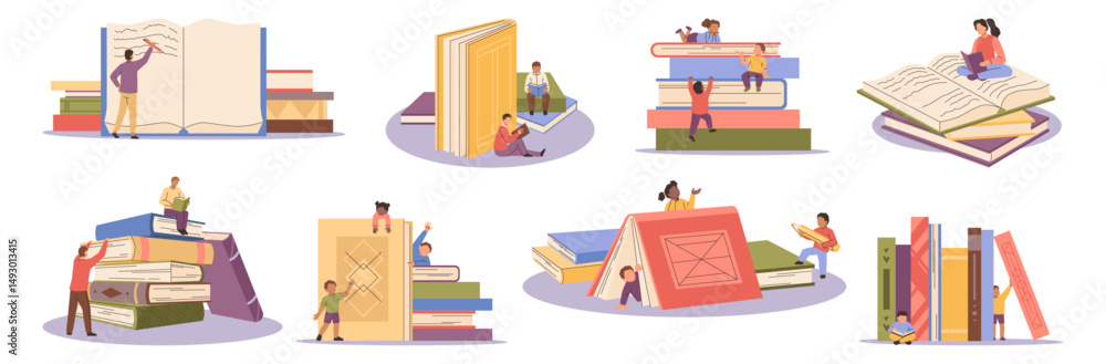 Poster readers of books, smart characters studying. vector isolated small people and large volumes of publi