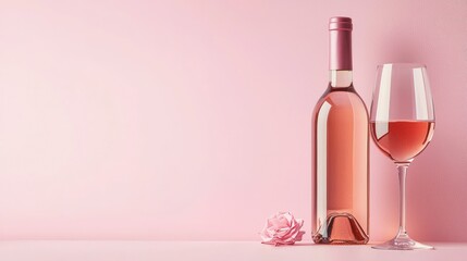 stylish blank rose wine bottle mockup with a wineglass, set against a pastel pink background for creating personalized wine packaging.