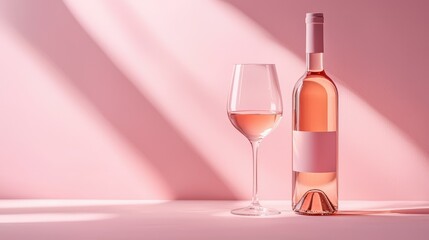 stylish blank rosÃ© wine bottle mockup with a wineglass, set against a pastel pink background for creating personalized wine packaging.