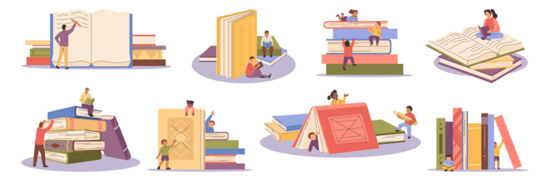 Readers of books, smart characters studying. Vector isolated small people and large volumes of published material. Shop or library, hobby literature or educational textbooks in bookstores