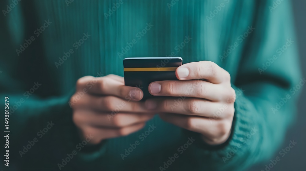 Poster person using smartphone and credit card for secure digital transactions