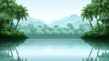 Obraz premium Tranquil azure sky reflected in serene lake with lush coconut trees