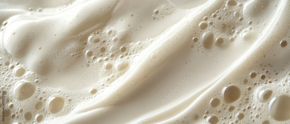 Poster creamy texture with smooth waves and bubbles, macro shot.