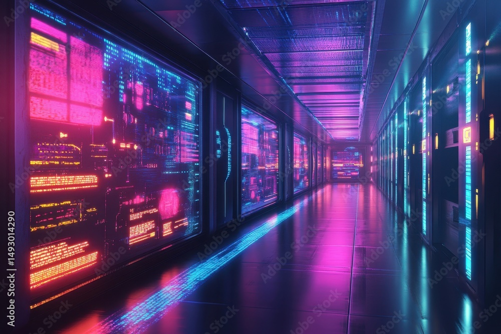 Poster futuristic corridor featuring glowing digital displays showcasing advanced technology and data integ