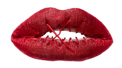 A stitched mouth with one loose thread, representing breaking the silence, isolated on Transparent Background