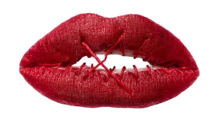 A stitched mouth with one loose thread, representing breaking the silence, isolated on Transparent Background