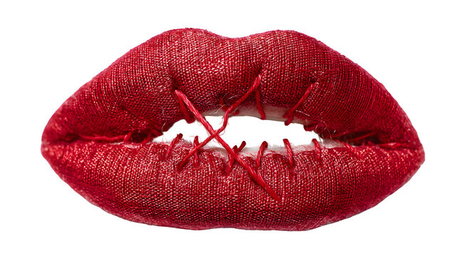 A stitched mouth with one loose thread, representing breaking the silence, isolated on Transparent Background