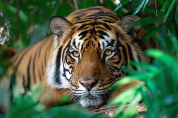 Obraz premium Tiger resting in lush green foliage
