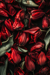 dark background of wilted red tulips