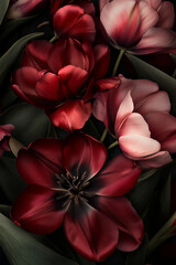 dark background of red tulips