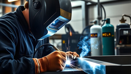 Metal fabricator expertly welding steel in a controlled industrial environment