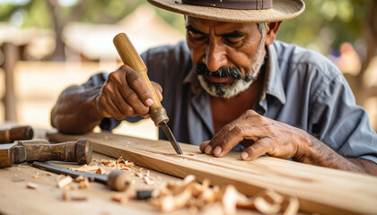 Carpenter working with wood tools in rural workshop showing entrepreneurship and skill in crafting detailed wooden items with focus and care