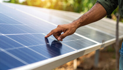 Person is inspecting solar panel in rural area showing entrepreneurship in sustainable energy with sunlight reflecting on surface