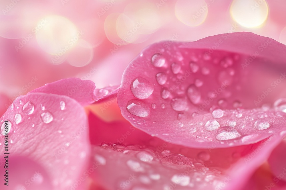 Poster closeup view of pink petals with water droplets showcasing bokeh effect in a serene environment, clo