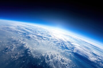 Earth from Space View of Atmosphere and Clouds with Blue Sky Horizon Perspective from Above