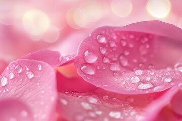Closeup view of pink petals with water droplets showcasing bokeh effect in a serene environment, Closeup of pink petals with water droplets and bokeh effect in background
