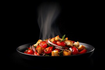 Steaming fresh panzanella salad on black