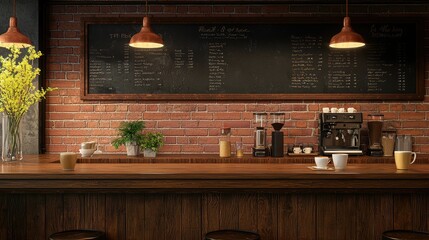 stylish coffee shop interior, empty and serene, with a wooden counter, red brick background, and an elegant handwritten menu on the blackboard, with a cup of coffee.