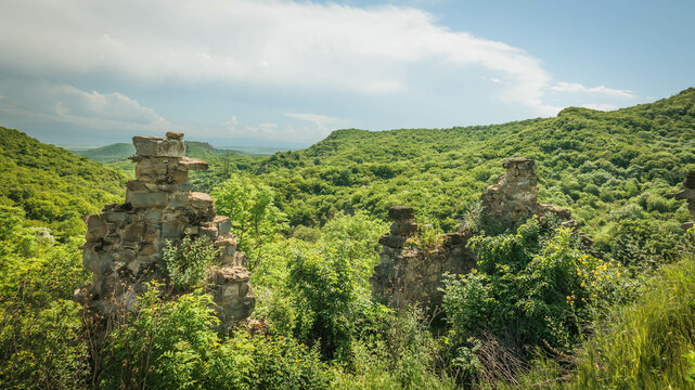 Panoramic view of ancient stone ruins surrounded by dense green forest in a mountainous valley. Historical remains in the wild Georgian landscape