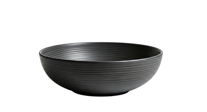 A sleek, dark grey ceramic bowl with subtly textured, grooved lines, ideal for modern dining or serving.