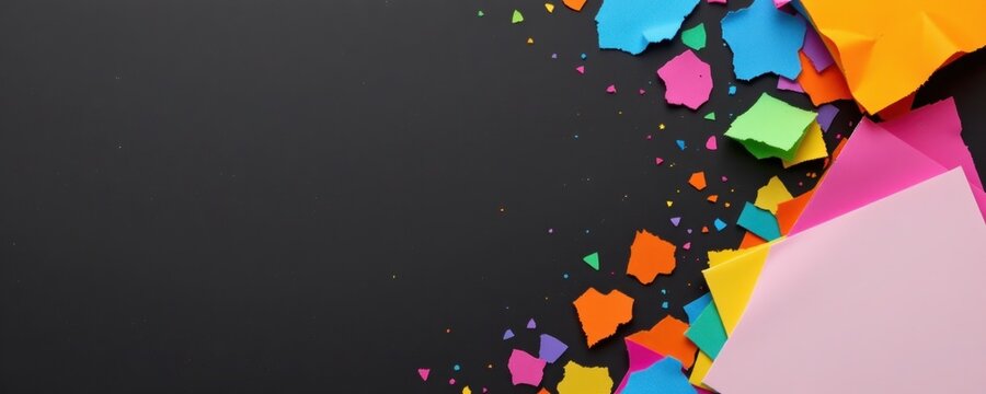 Colorful torn paper pieces scattered on a black background, creating a vibrant and creative abstract composition.