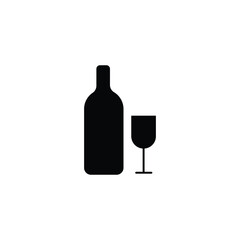 Minimalistic black icon of a wine bottle and glass on a white background. Clean and modern design, suitable for beverage-related content, menus, signs, and hospitality materials.