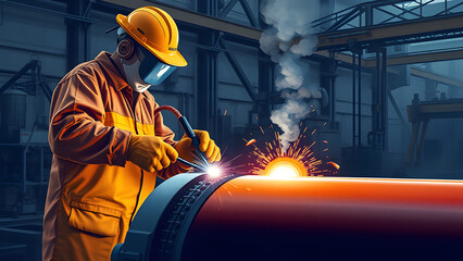 Industrial welding operation with worker, safety gear, and sparks at plant