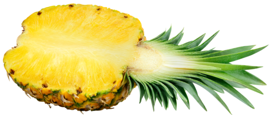 Pineapple isolated png. Pineapple half with leaves on transparent background. Cut pineapple no background. Sliced pineapple transparent png. Full depth of field.
