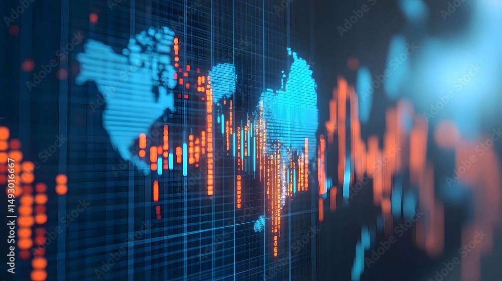 Poster global digital financial network with abstract market data visualizations
