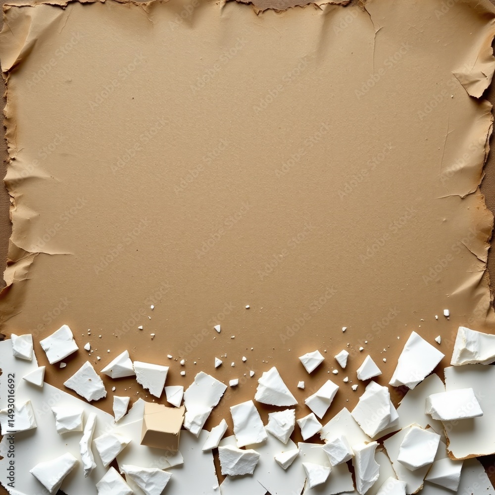 Poster torn brown paper forms a textured frame with white paper pieces scattered at the bottom, creating a 