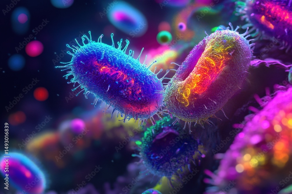 Poster abstract depiction of colorful bacteria showcasing vibrant textures and forms in a microscopic view,