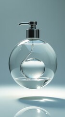 Elegant round glass soap dispenser with chrome pump on light background.