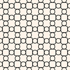 Abstract monochrome grid seamless pattern. Vector geometric texture with rounded shapes, circles, curved lines, mesh, lattice, net. Simple minimal ornament. Black and white background. Repeated design