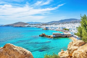 Exploring the stunning coastline and crystal-clear waters of Mykonos island in Greece during a summer adventure, Adventure journey to Mykonos island in Greece Famous travel destination