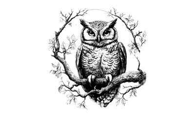 Vintage Owl Engraving in Tree, Monochrome Forest Bird Illustration, Retro Nature Sketch, Old Etching Art, Night Wildlife Drawing, Hand-drawn Animal, rustic forest wall decor,