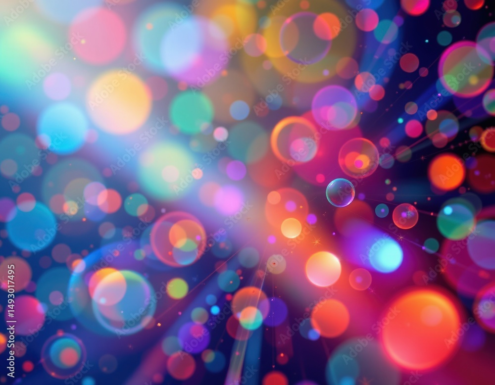 Poster a vibrant, abstract image featuring colorful bokeh circles and light effects on a dark background.