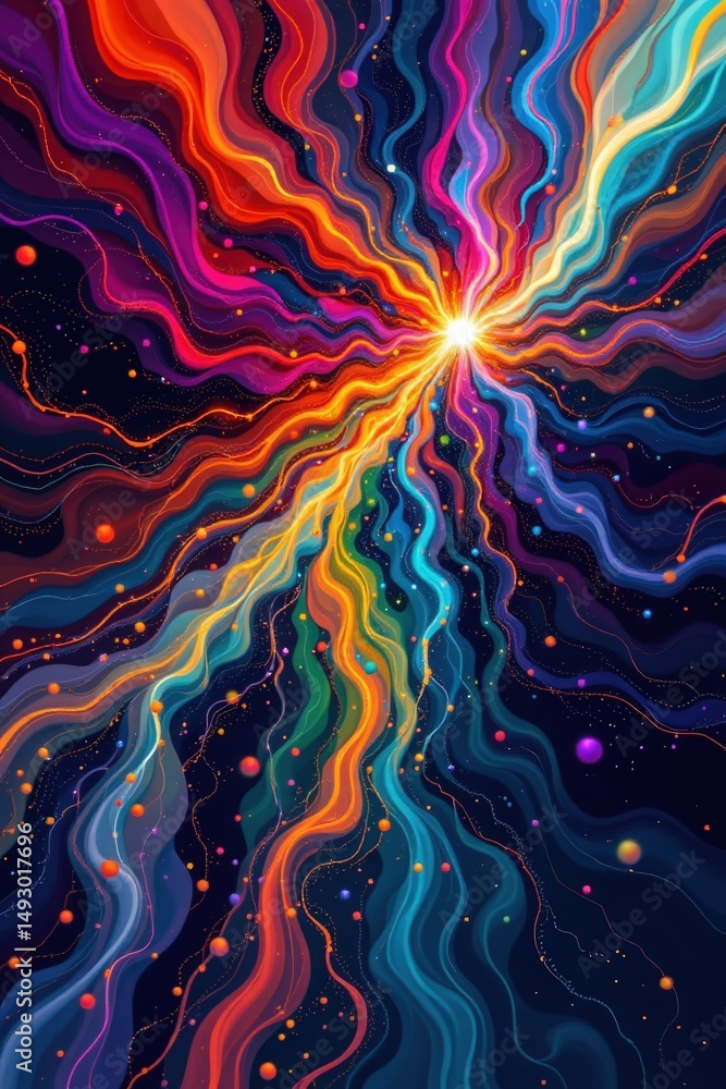Poster a vibrant burst of colorful light streams radiating outward, creating a dynamic, abstract cosmic exp