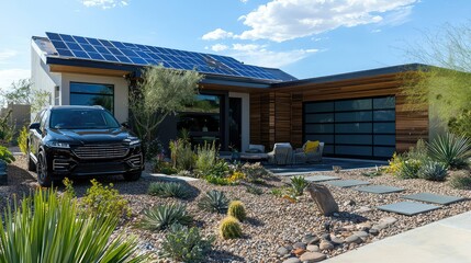 stylish eco-home with solar panels, a sleek SUV parked outside, and a small outdoor patio area with furniture near the driveway.