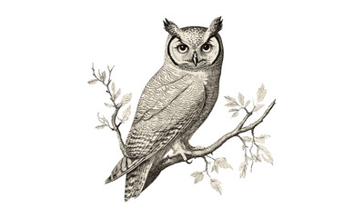 Vintage Owl Engraving, Hand-Drawn Line Art of Bird on Tree, Rustic Wildlife Print, Monochrome Etching, Retro Nature Drawing, Detailed Fauna Sketch, forest animal illustration,