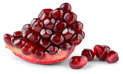 Pomegranate isolated png. Pomegranate piece with seeds on white or transparent background. Broken...