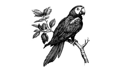 Vintage hand-drawn engraving of tropical parrot perched, monochrome bird sketch, old etching style, trendy art print for bird lovers, exotic wildlife illustration, nature decor