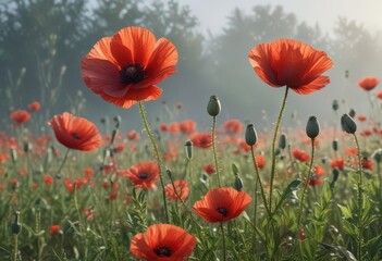 Fototapeta premium Sunlit red poppies emerge from ethereal morning mist, dew-kissed petals , landscape, morning