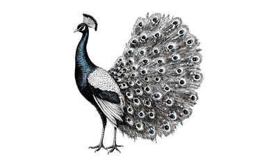 Hand-drawn Engraving of Peacock in Full Display, Vintage Wildlife Etching, Monochrome Bird Line Art, Detailed Nature Illustration, Rustic Ornithology Print, retro fauna drawing, classic bird art