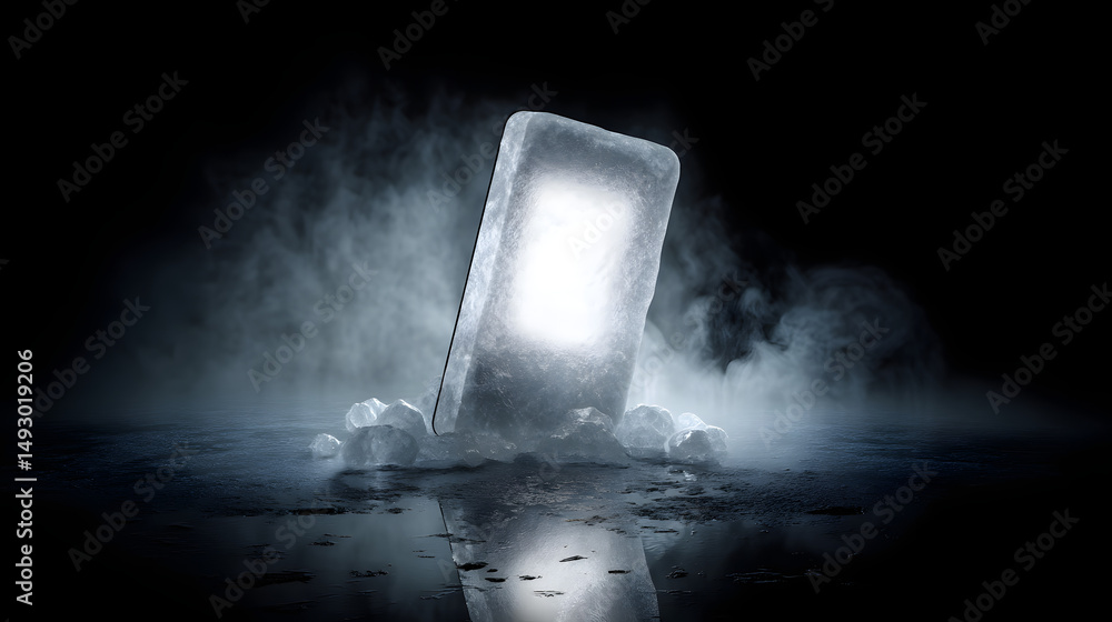 Poster frozen illumination: a striking, conceptual image presents a block of ice illuminated from within, s