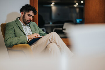 A business professional dressed in a green blazer is engrossed in a tablet while sitting in a...