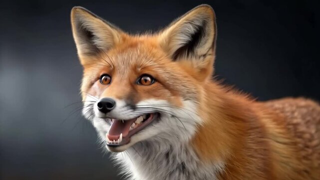 Smiling cute fox head turned sideways, mouth open against dark bokeh