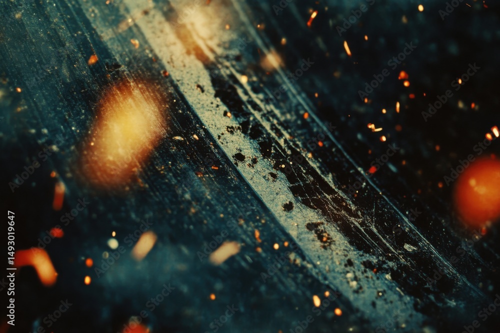 Aufkleber abstract close up of dark textured surface with blurred lights and particles in motion, angled view 